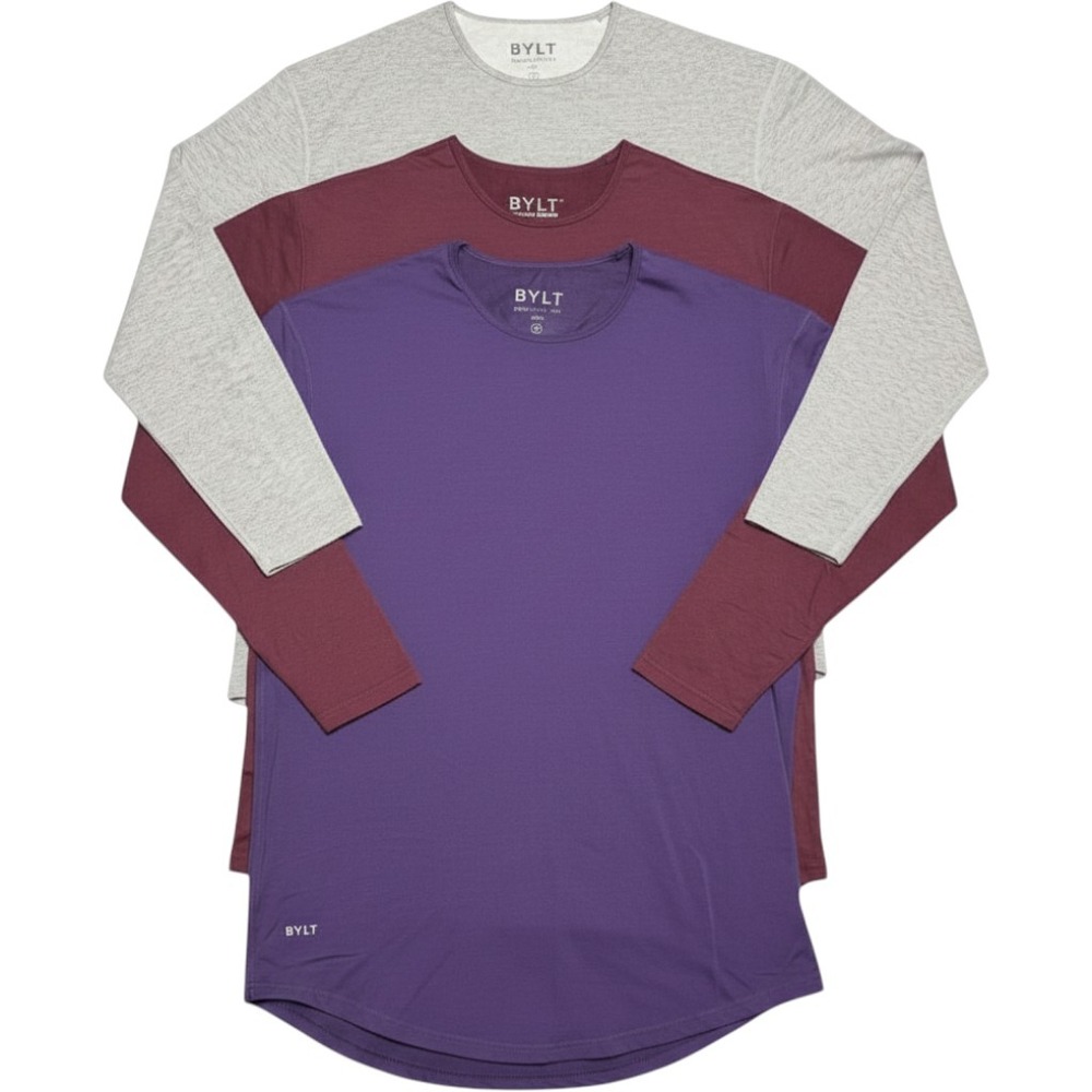 Lot of 3 BYLT Premium Basics XL Drop Cut Lux L/S S/S Shirts Gray Burgundy Purpe